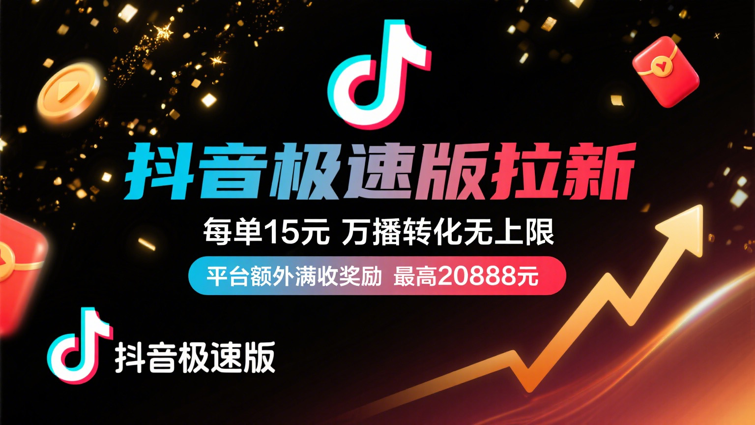 抖音极速版放福利，每单15元，万播转化无上限，平台额外满收奖励，最高可领20888元网创吧-网创项目资源站-副业项目-创业项目-搞钱项目网创吧