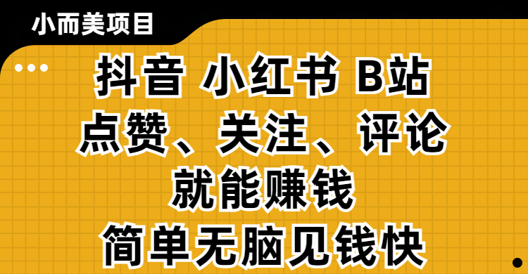 小而美的项目，抖音、小红书、B站视频点赞、关注、评论就能赚钱，简单无脑立见收益！妥妥的零撸项目阿辉网创资源-网创项目资源站-副业项目-创业项目-搞钱项目阿辉网创资源