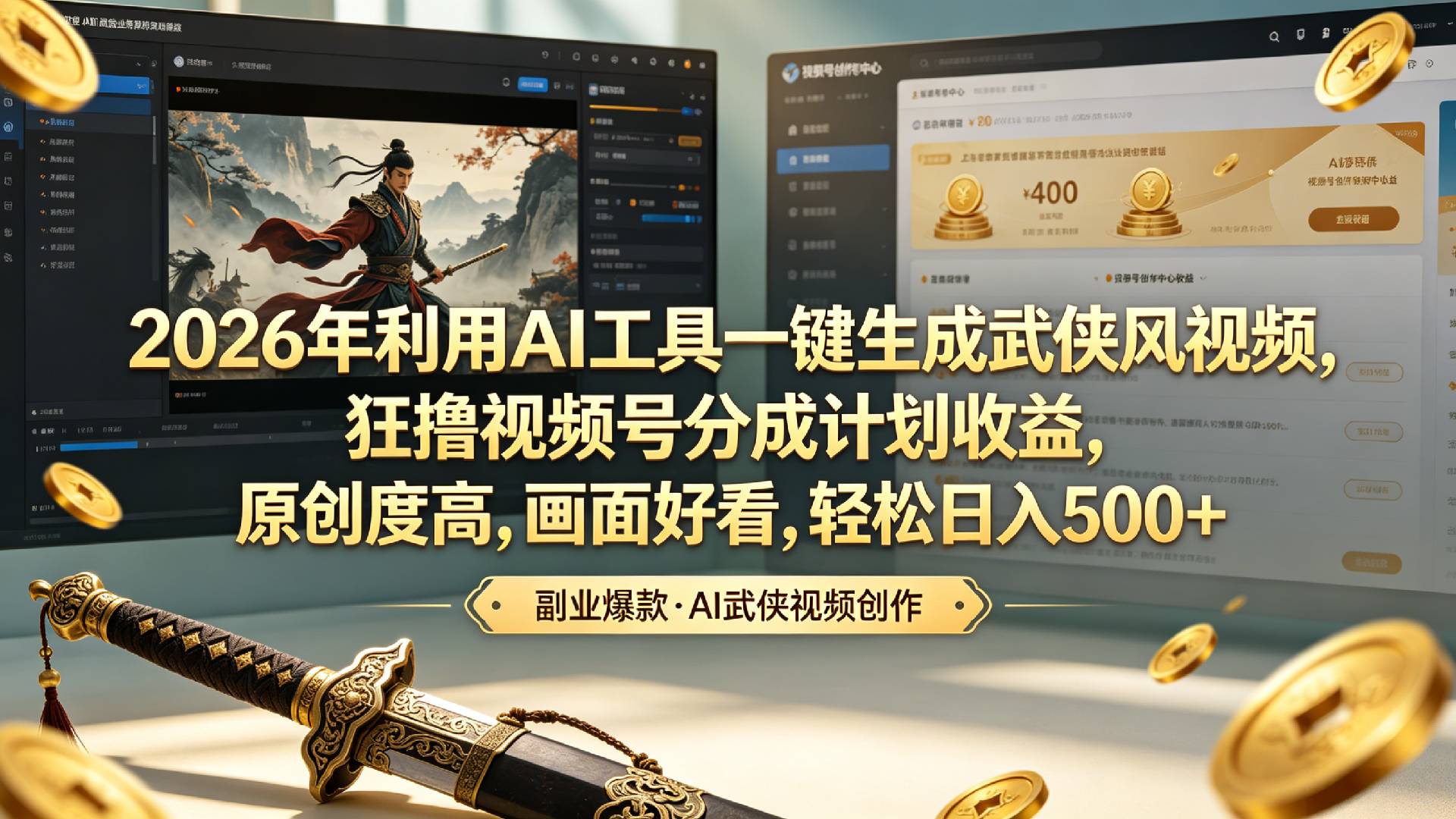 2026年利用AI工具一键生成武侠风视频，狂撸视频号分成计划收益，原创度高，画面好看，轻松日入500+阿辉网创资源-网创项目资源站-副业项目-创业项目-搞钱项目阿辉网创资源